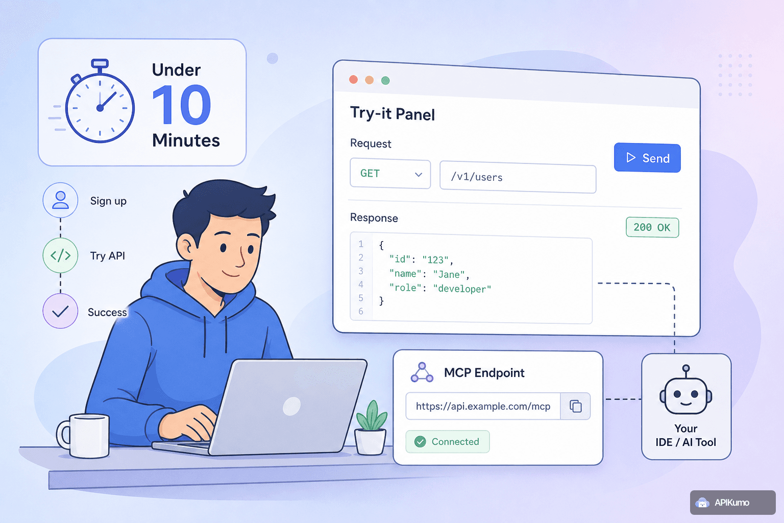 Onboarding a new developer to your API in under ten minutes using APIKumo's Try-it panel and MCP endpoint